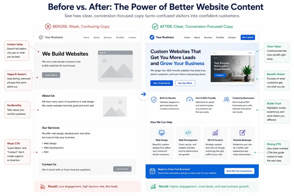 Before and after website content layout showing weak copy versus clear conversion-focused copy for small business website strategy.