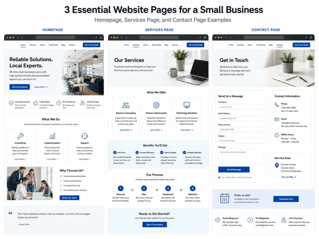 Screenshot-style graphic showing homepage, services page, and contact page layout for a small business website designed to build trust and generate leads.