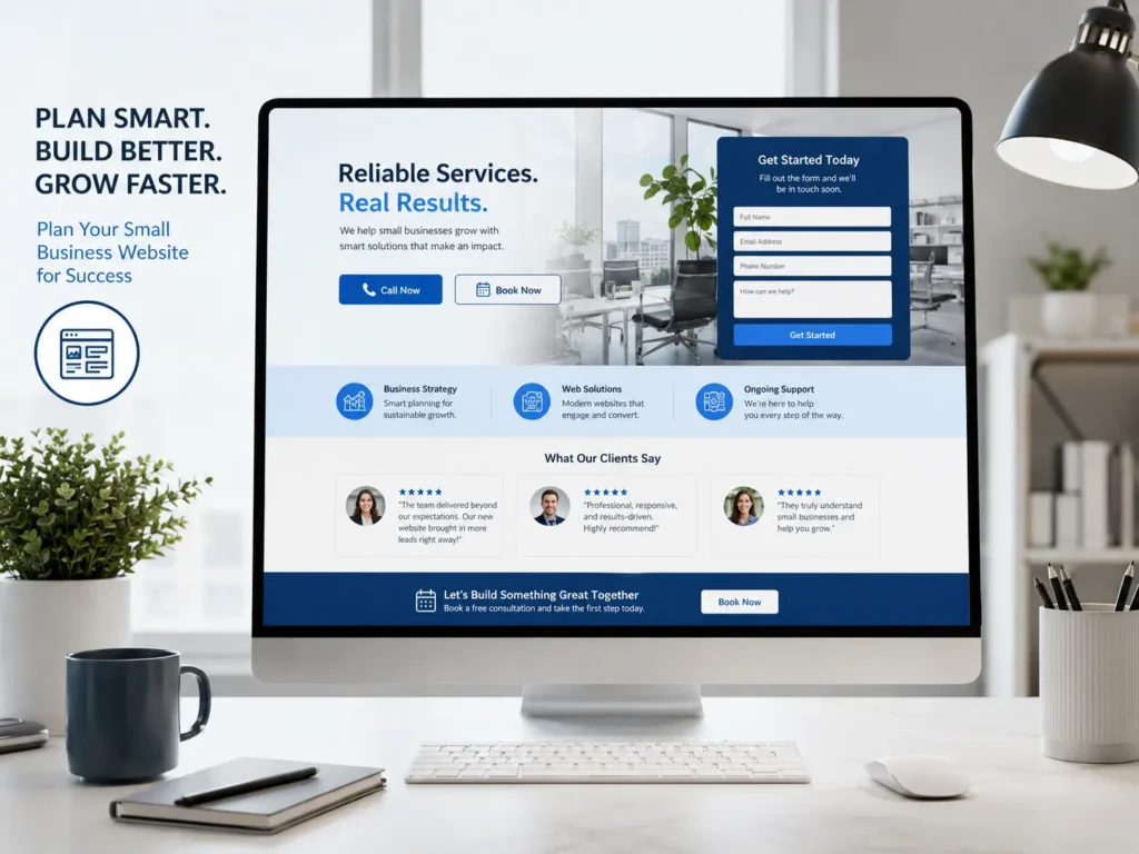 Finished small business website mockup with call button, booking button, lead form, testimonials, and clear CTA for more leads.