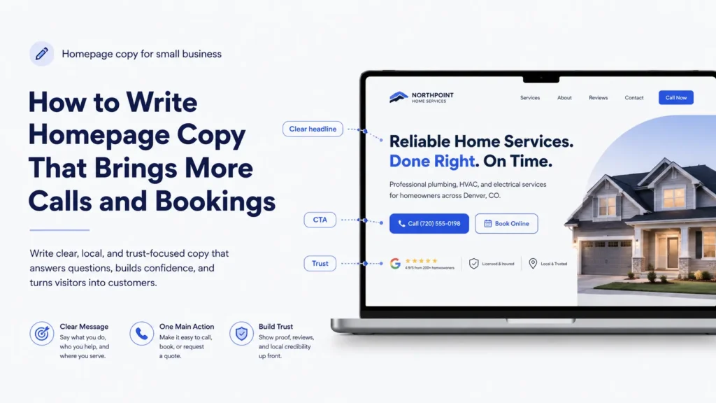 Homepage copy for small business showing a clear website headline, call to action buttons, and trust signals to help bring more calls and bookings.