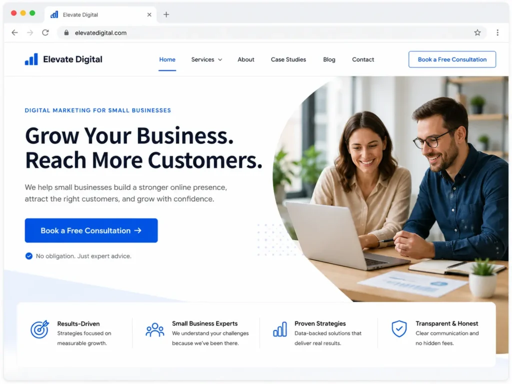 Homepage copy for small business example showing a clear headline, short subheadline, and call-to-action button on a modern website hero section.