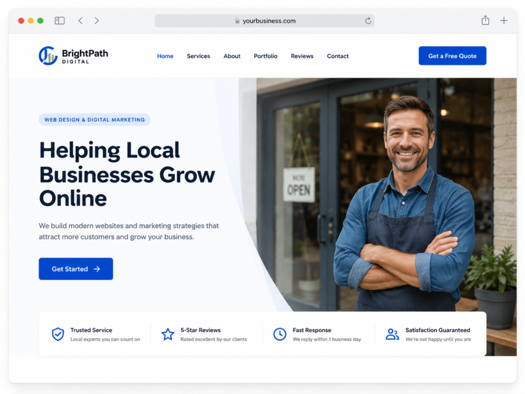 Homepage hero section for a local small business website with headline, subheading, CTA button, trust badges, and professional service image.