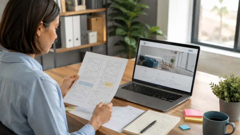 Small business owner reviewing a website wireframe and laptop homepage while learning how to plan a small business website.