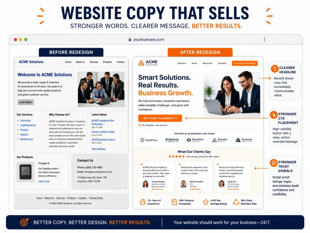 Before-and-after website redesign showing how to write website copy that sells with a clearer headline, stronger CTA placement, and improved trust sections.