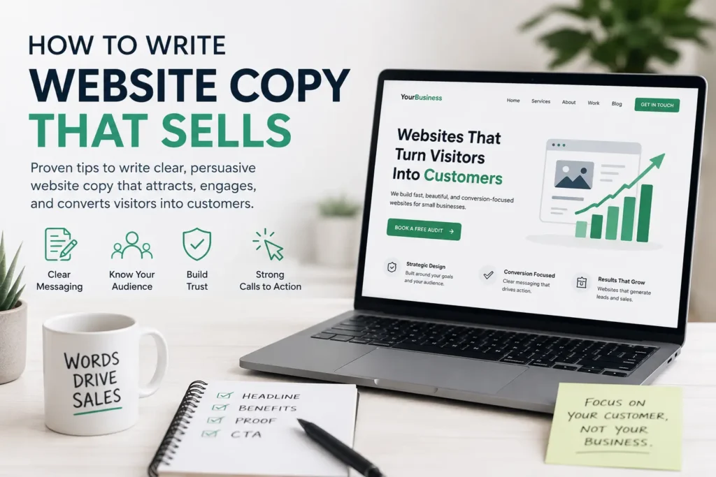 Website copywriting guide showing a laptop with a conversion-focused website, clear messaging tips, trust icons, and calls to action for small business leads.