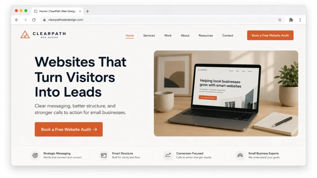 Screenshot-style homepage hero section showing how to write website copy that sells with a strong headline, short subheadline, and clear CTA button.