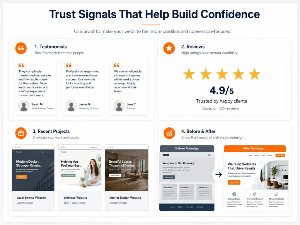 Trust signal graphic for how to write website copy that sells, showing testimonials, star reviews, portfolio screenshots, and before-and-after website redesign examples.