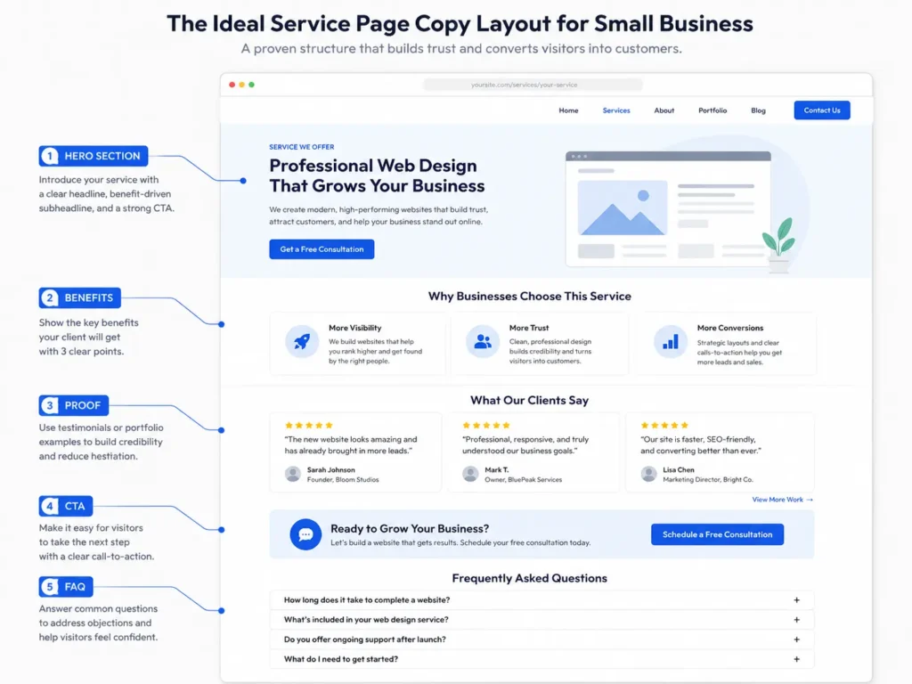 Ideal service page copy layout for small business showing hero, benefits, proof, CTA, and FAQ sections for better trust and leads.