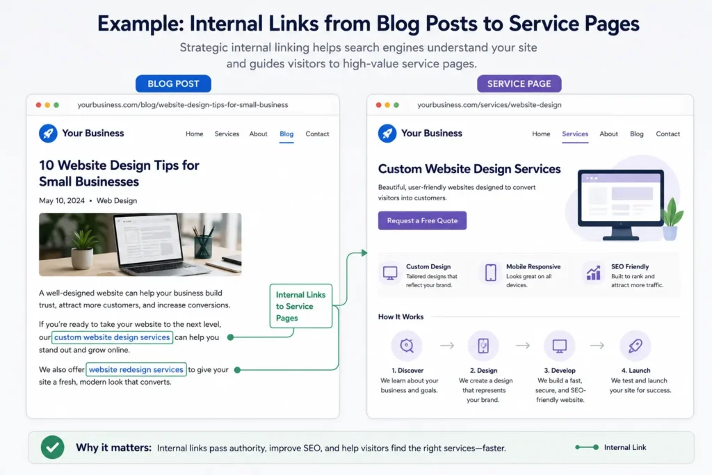 Internal links from blog posts to service pages showing how small business website content strategy improves SEO and guides visitors to services.