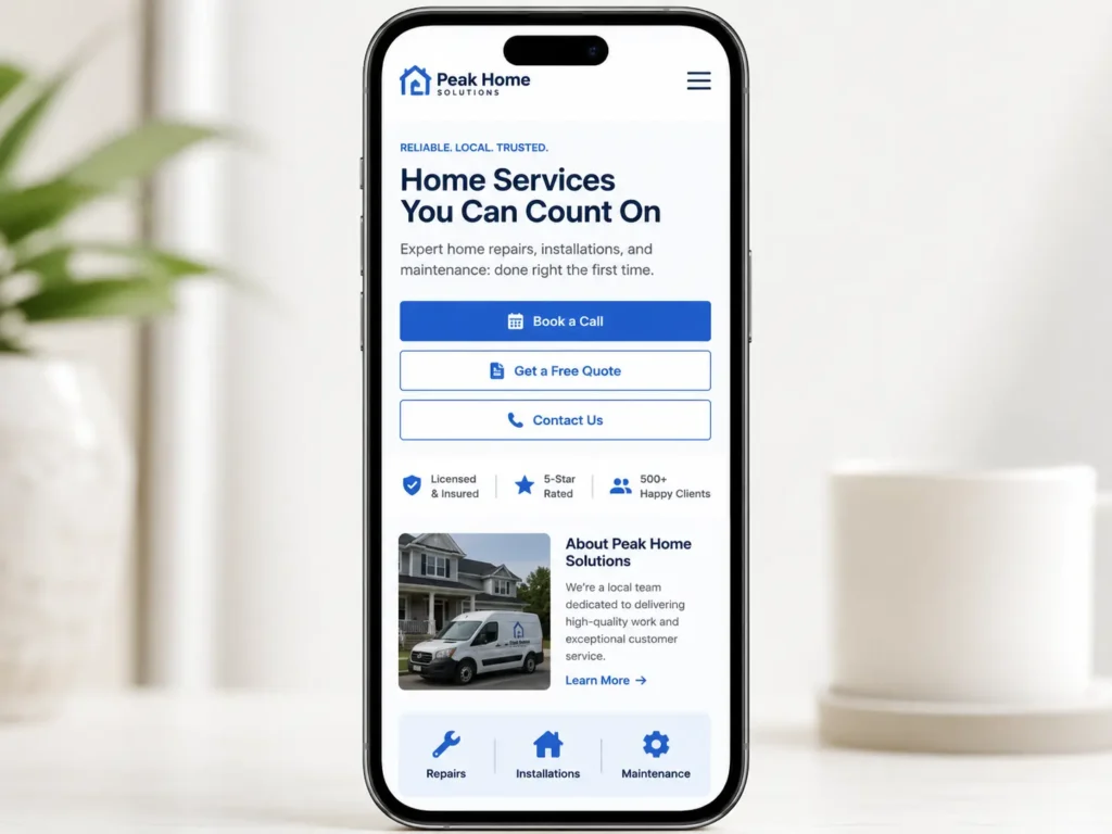 Mobile-friendly business website with clear CTA buttons for calls, quotes, and bookings, showing how strong website copy helps generate more leads.