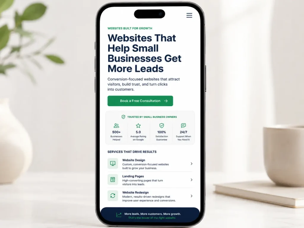 mobile small business website with clear message and booking button