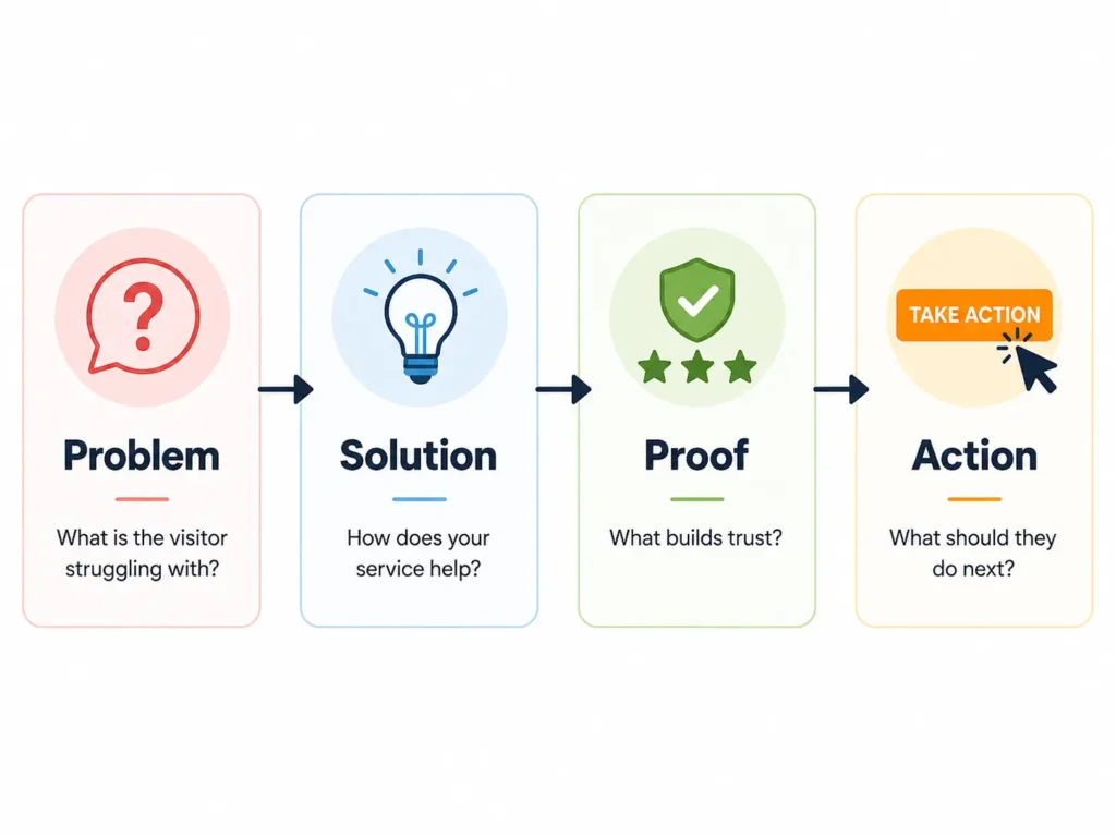 Simple graphic showing the Problem, Solution, Proof, and Action formula for what to write on a business website to build trust and guide visitors toward leads.