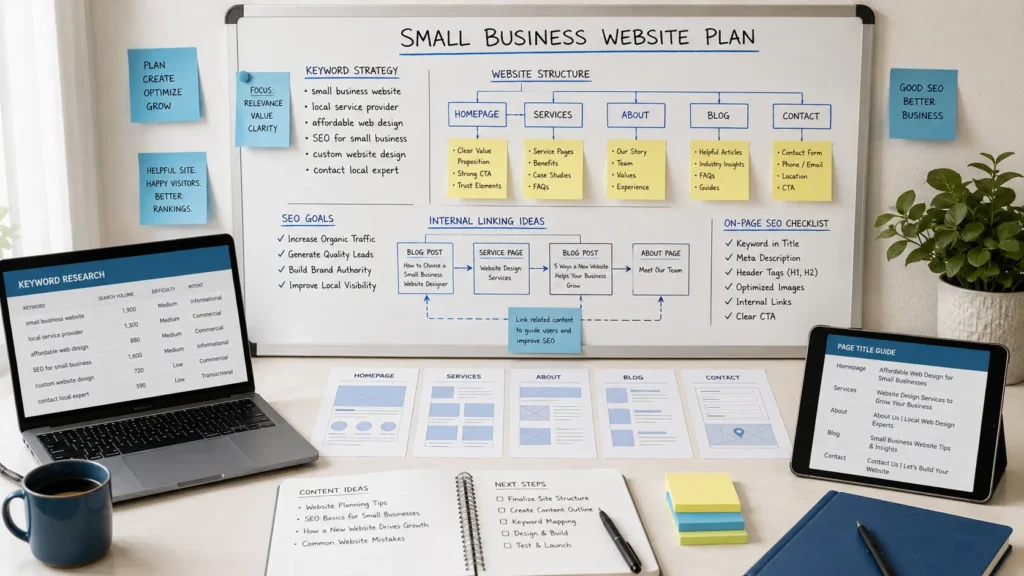 SEO planning board with keywords, page titles, internal links, and website sections for a small business website strategy.