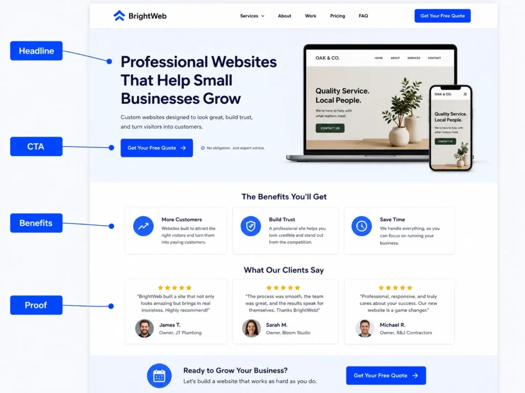 Service page example for a small business website with callout labels showing the headline, CTA, benefits, and proof sections.