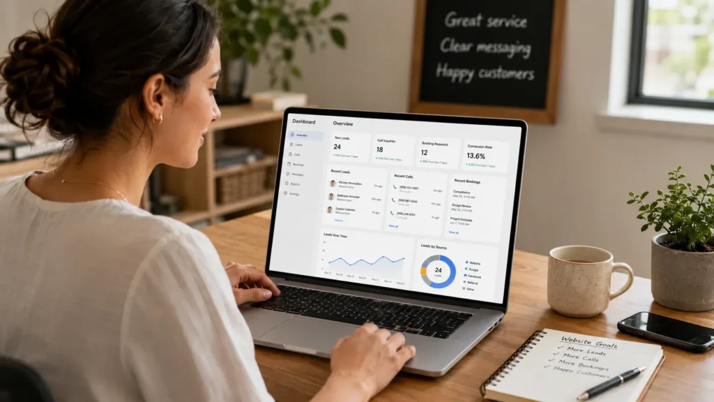 Small business owner reviewing website leads, calls, and booking requests on a laptop while improving service page copy for small business.