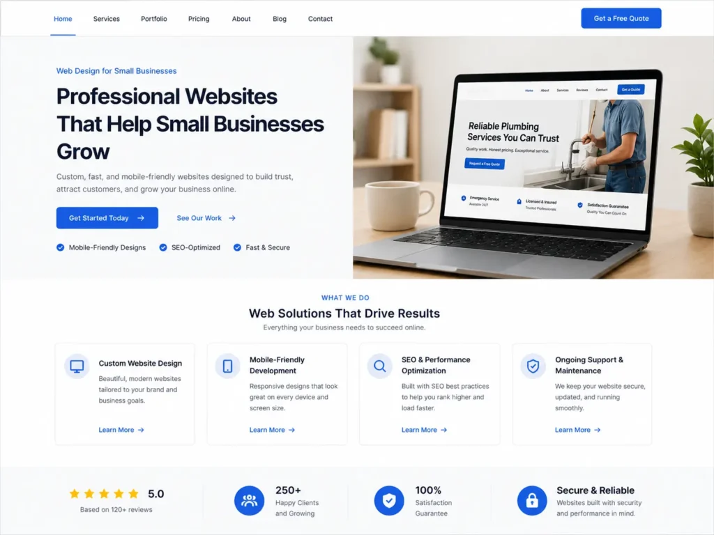 Homepage layout example with website copy for small business, CTA button, service cards, trust badges, and lead-focused design.
