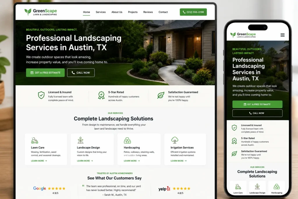Small business homepage tips shown in a responsive desktop and mobile website mockup with clear messaging, trust signals, services, and call-to-action buttons.