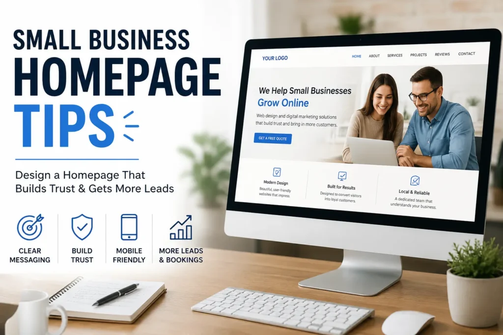 Small business homepage tips showing a modern website design focused on clear messaging, trust, mobile usability, leads, and bookings.