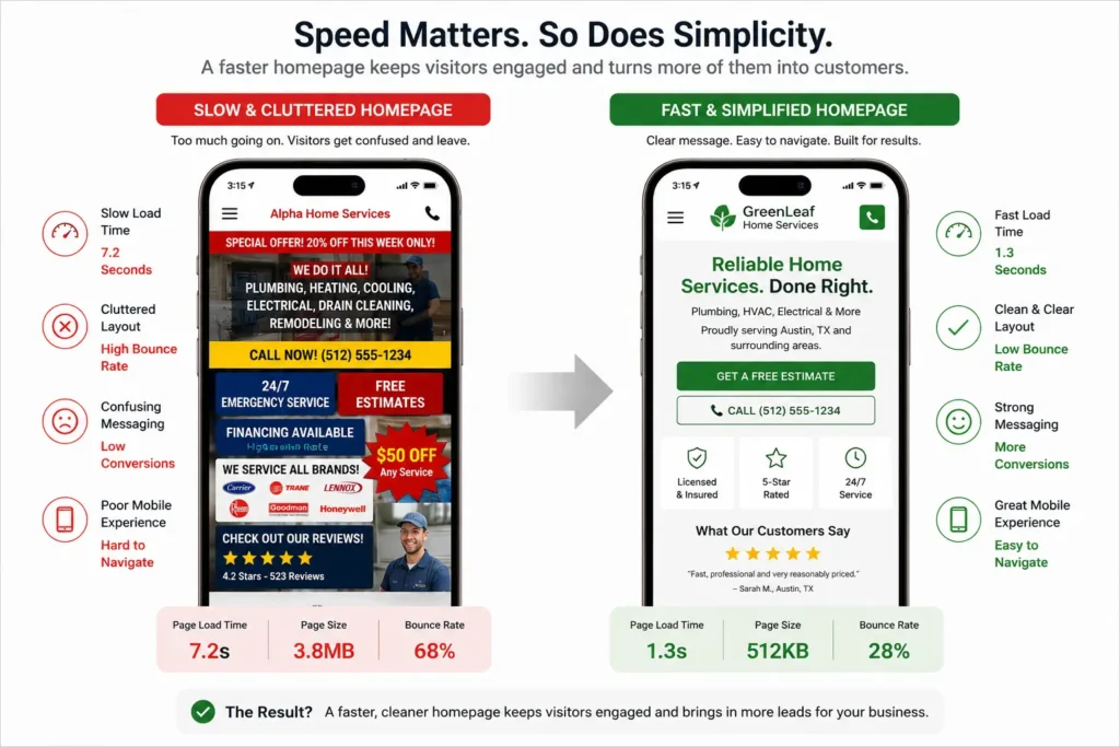 Small business homepage tips comparing a slow, cluttered mobile website with a fast, simplified homepage designed to improve usability, trust, and conversions.