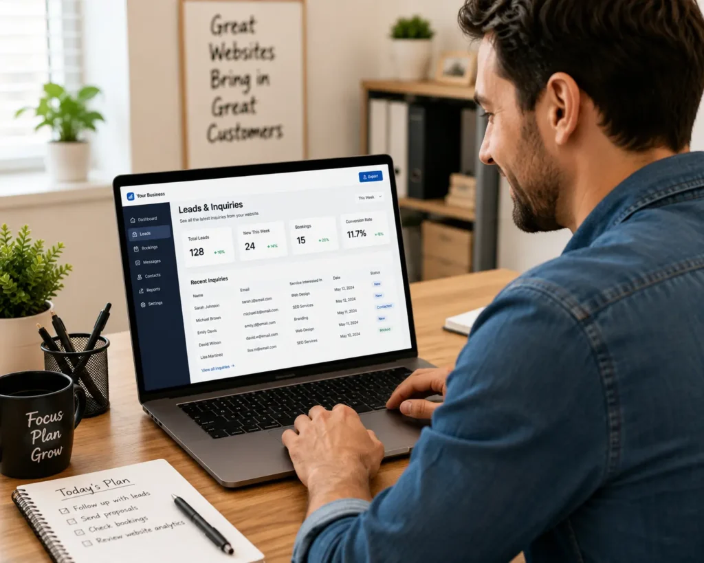 Small business owner reviewing website leads, bookings, contact form inquiries, and conversion data on a laptop in a modern office workspace.