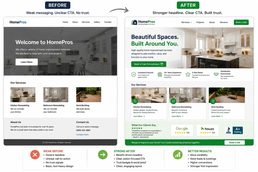 Before and after website redesign comparison for small business website content ideas showing an improved headline, clear CTA, trust badges, testimonials, and better lead generation layout.