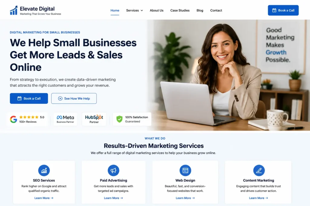 Small business website content ideas homepage example with a clear headline, trust badges, SEO services, web design sections, and Book a Call button.