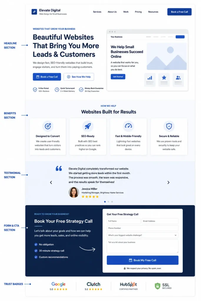 Landing page wireframe for small business website content ideas showing a headline, benefits section, testimonial, contact form, CTA button, and trust badges.