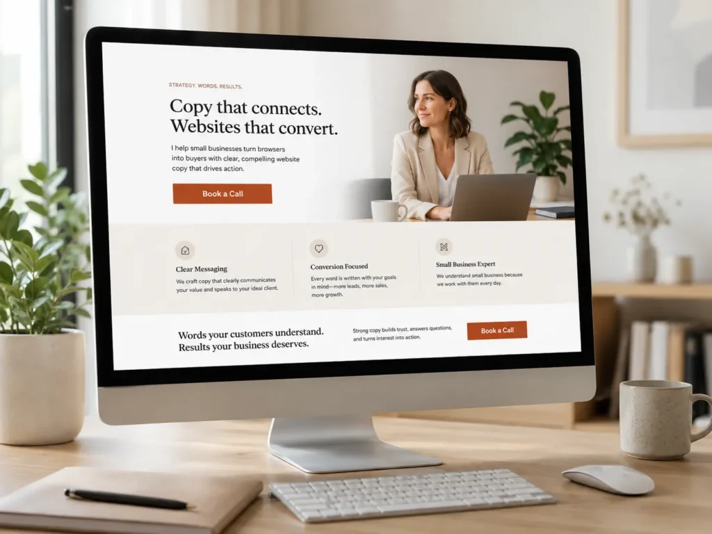 Small business website mockup with website copy for small business and a visible Book a Call button for lead generation.