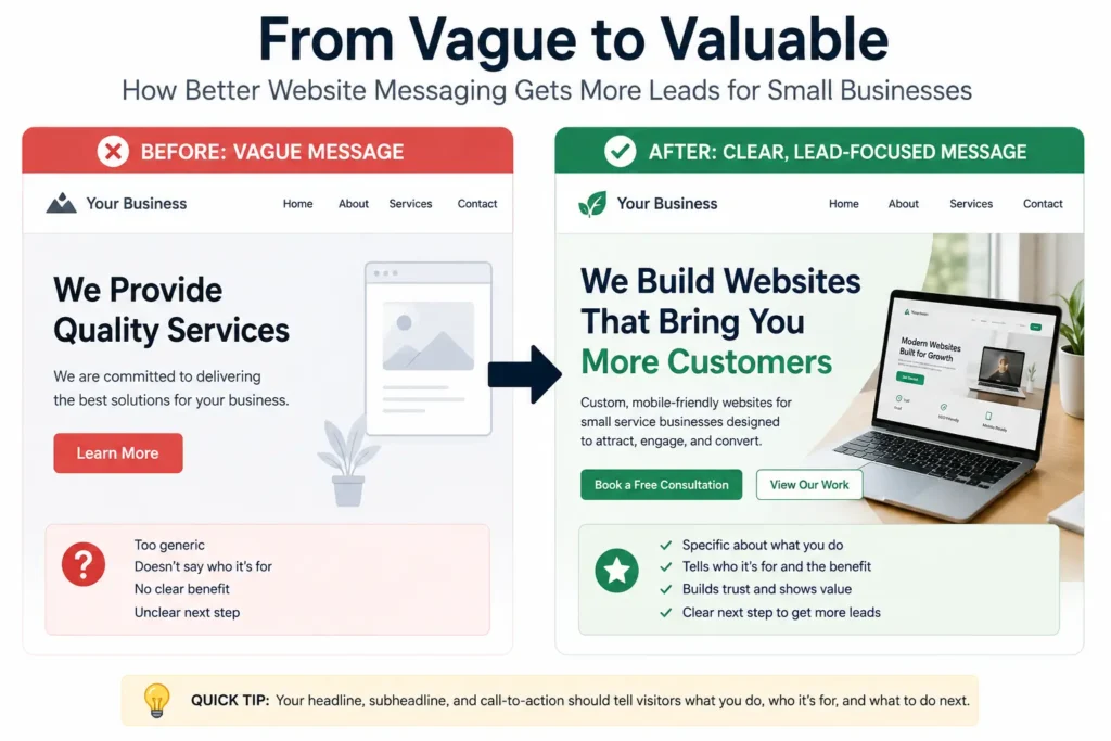 small business website redesign wireframe with messaging sections