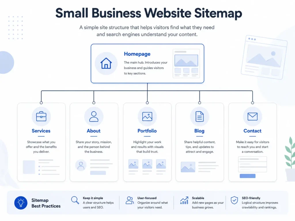 Small business website sitemap showing homepage, services, about, portfolio, blog, and contact pages for better planning and SEO.