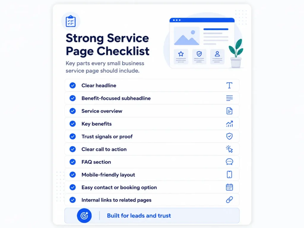 Branded checklist graphic showing the key parts of strong service page copy for small business, including headline, benefits, proof, CTA, FAQ, and internal links.