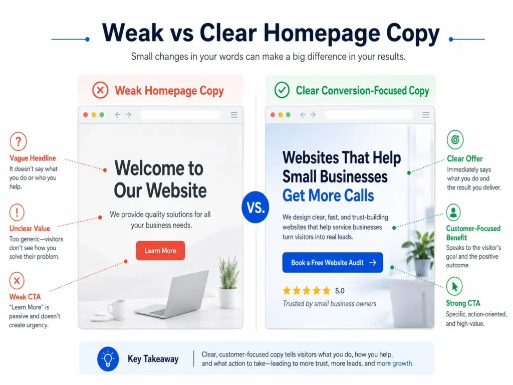 Side-by-side comparison of weak homepage copy for small business and clear conversion-focused copy that builds trust and drives more leads.