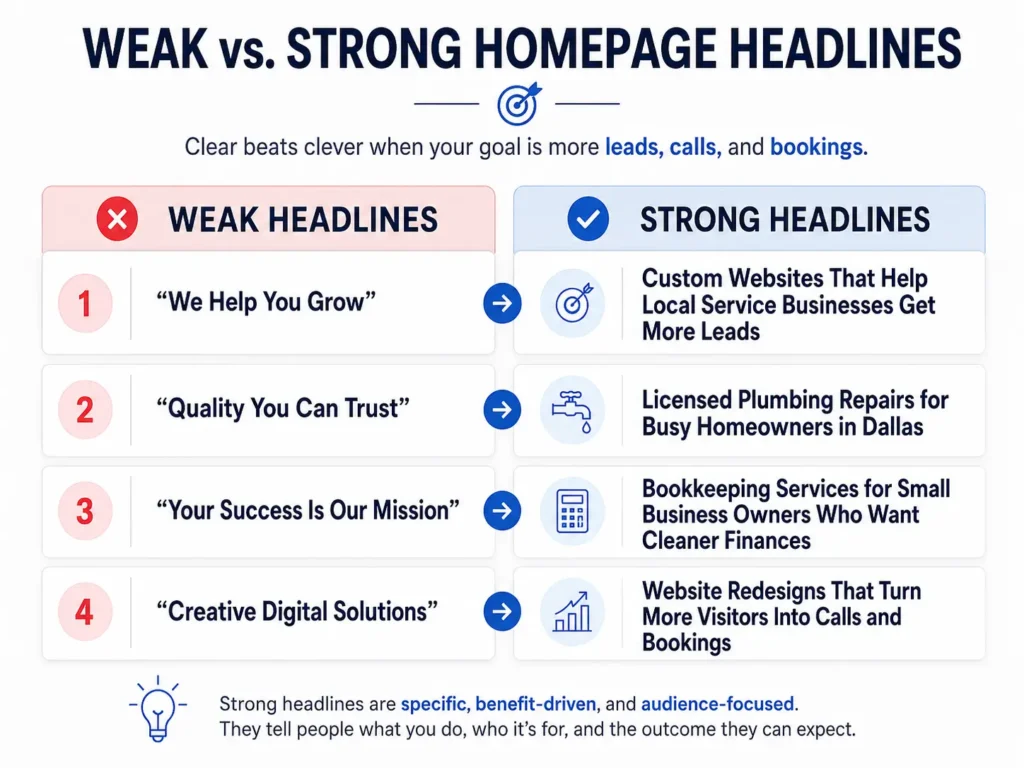 Graphic comparing weak and strong website headline examples for small business, showing how clear headlines can improve leads, calls, and bookings.