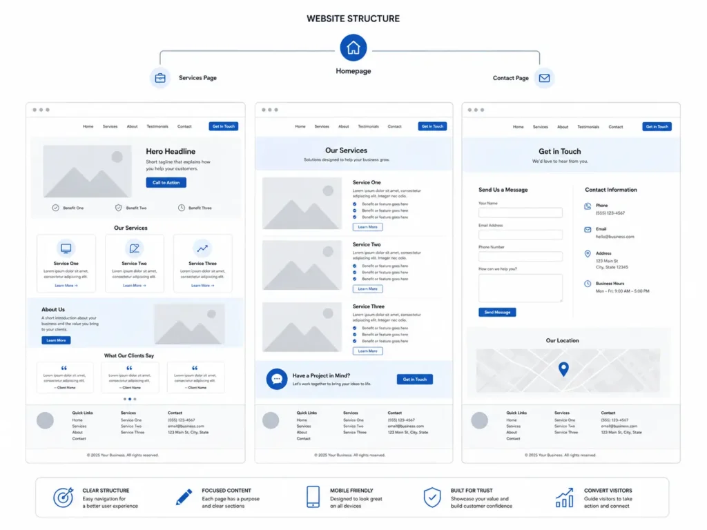 Small business website wireframe layout for a website content checklist for small business, showing homepage, service page, and contact page sections.