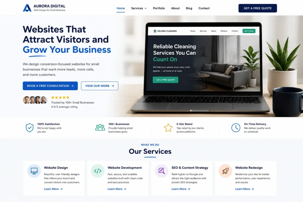 Website content strategy for small business homepage mockup with hero section, CTA buttons, trust badges, and service cards for web design leads.