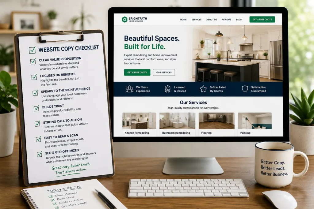 Website copy checklist beside a desktop website mockup showing clear value proposition, trust signals, SEO copy, and strong calls to action.