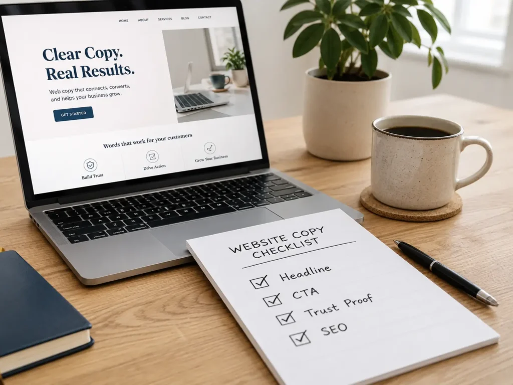 Website copy for small business checklist beside a laptop showing headline, CTA, trust proof, and SEO planning.