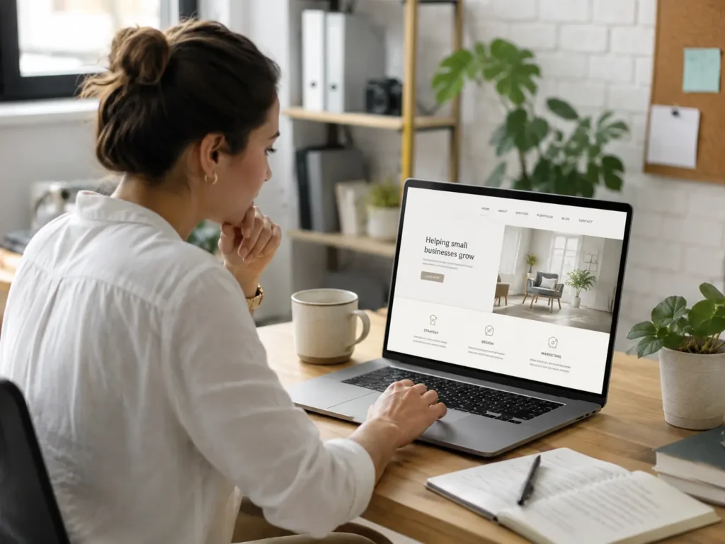 Small business owner reviewing website copy for small business on a laptop to improve trust, leads, calls, and bookings.