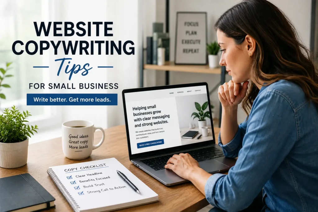 Small business owner reviewing website copywriting tips for small business on a laptop to improve trust, leads, and calls to action.