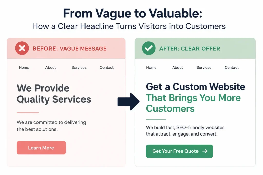 website headline before and after example for small business copy