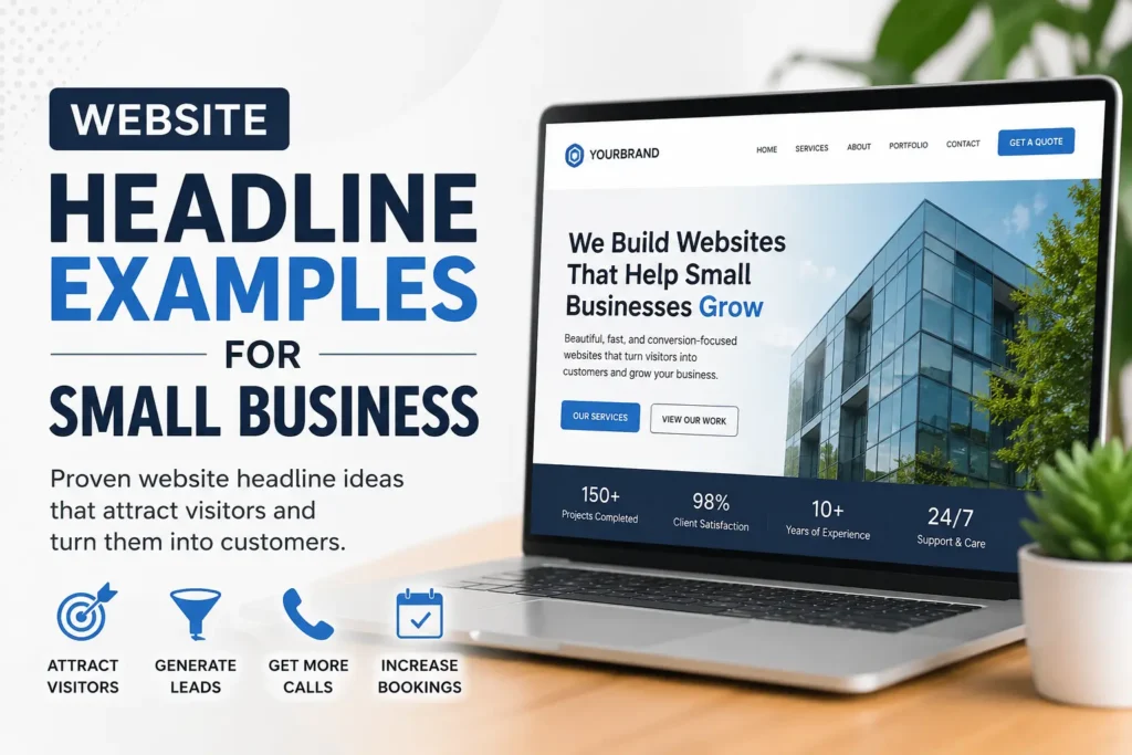 Featured image showing website headline examples for small business with a laptop website mockup, lead generation icons, and homepage headline strategy.