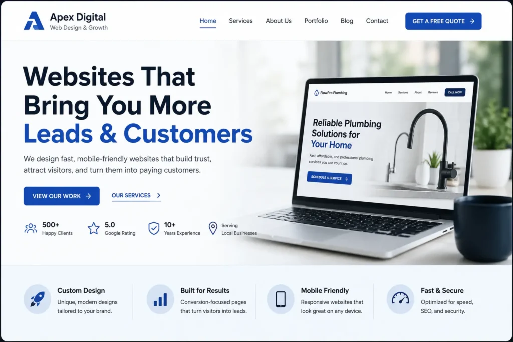 Homepage hero screenshot showing website headline examples for small business with a clear headline, short subheadline, CTA button, and trust-focused design.