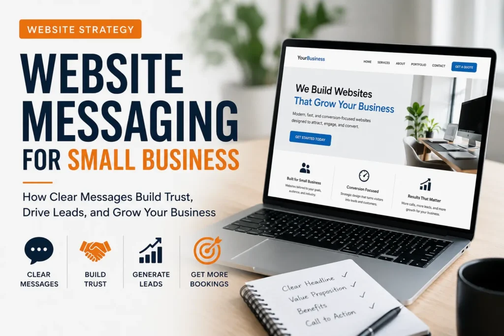 Website messaging for small business showing a laptop website mockup, clear messaging, trust building, lead generation, and booking growth.