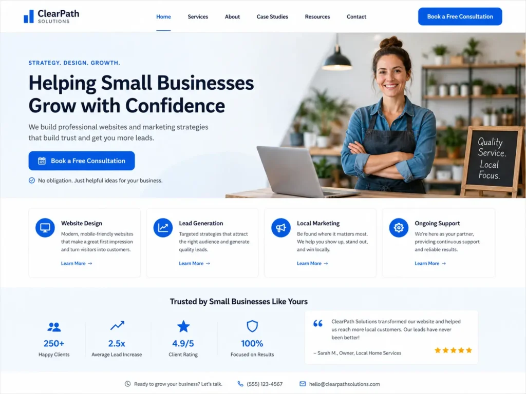 Small business homepage example showing clear website messaging for small business with headline, subheadline, and contact button.