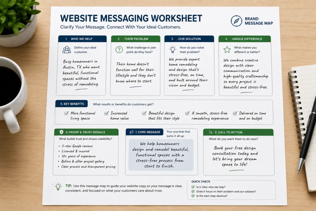 Website messaging worksheet showing a brand message map for small business website copy, including audience, problem, solution, benefits, trust signals, and call to action.
