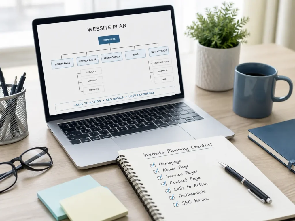 Website planning checklist for small business owners beside a laptop showing website pages, SEO basics, calls to action, and user experience planning.