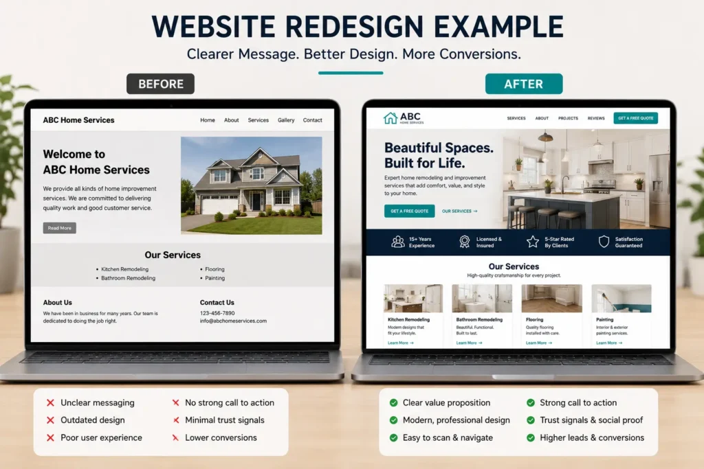 Before and after website redesign example showing clearer messaging, stronger calls to action, trust signals, and improved small business website copy.