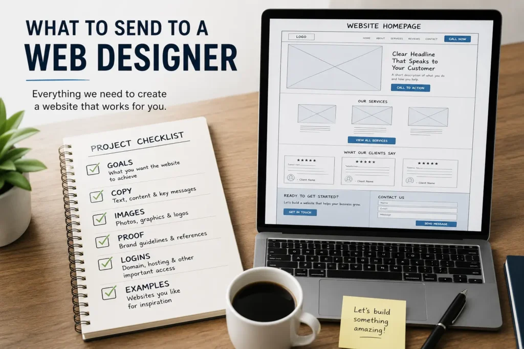 Checklist graphic showing goals, copy, images, proof, logins, and examples for what to send to a web designer.