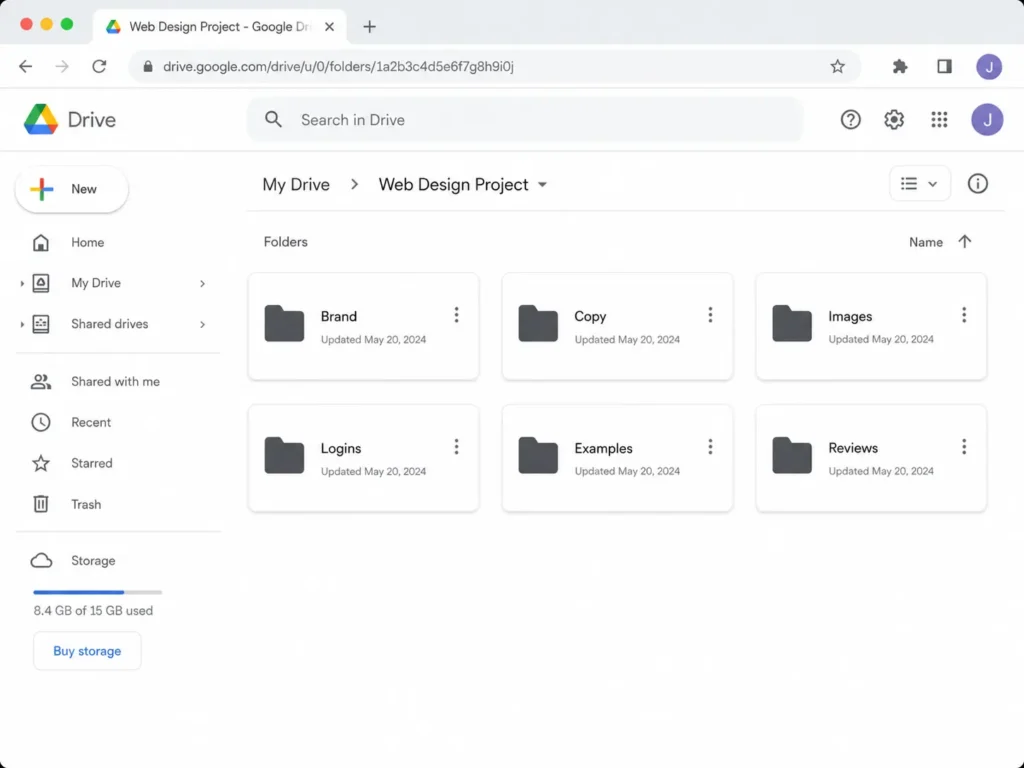 Google Drive folder setup with Brand, Copy, Images, Logins, Examples, and Reviews for what to send to a web designer.