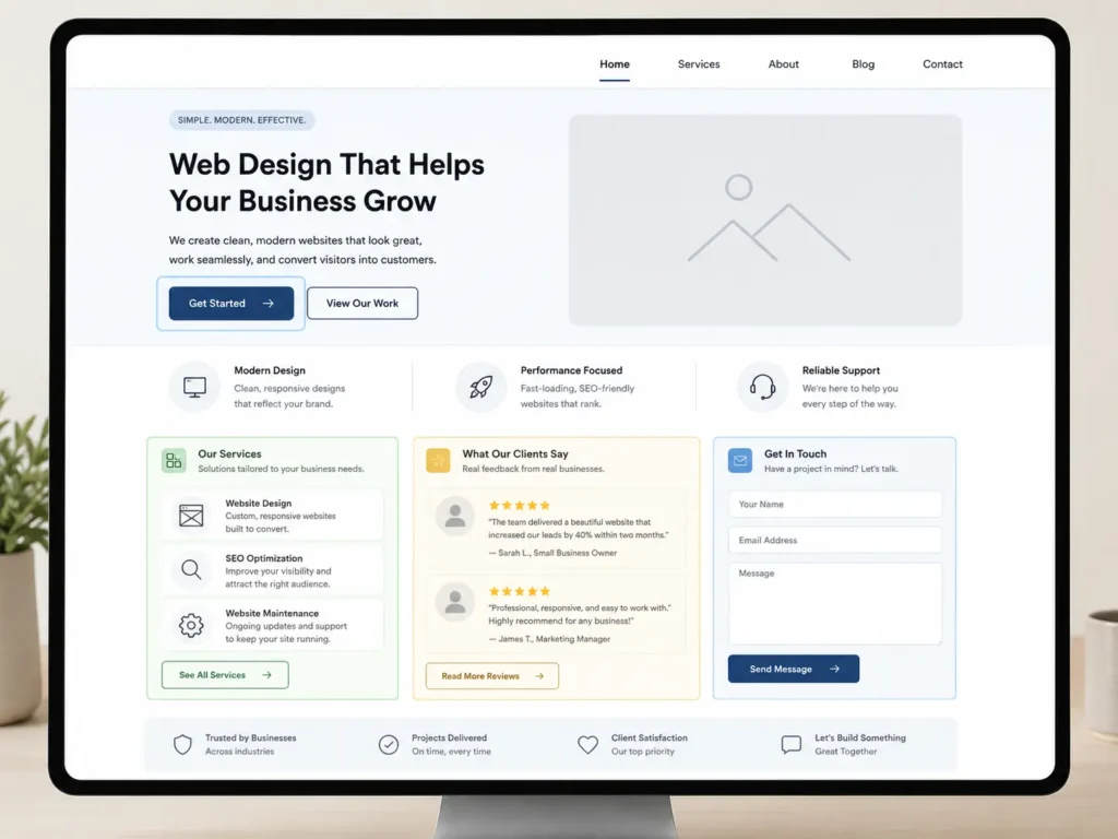Website homepage wireframe showing call buttons, service blocks, reviews, and contact form sections for what to send to a web designer.